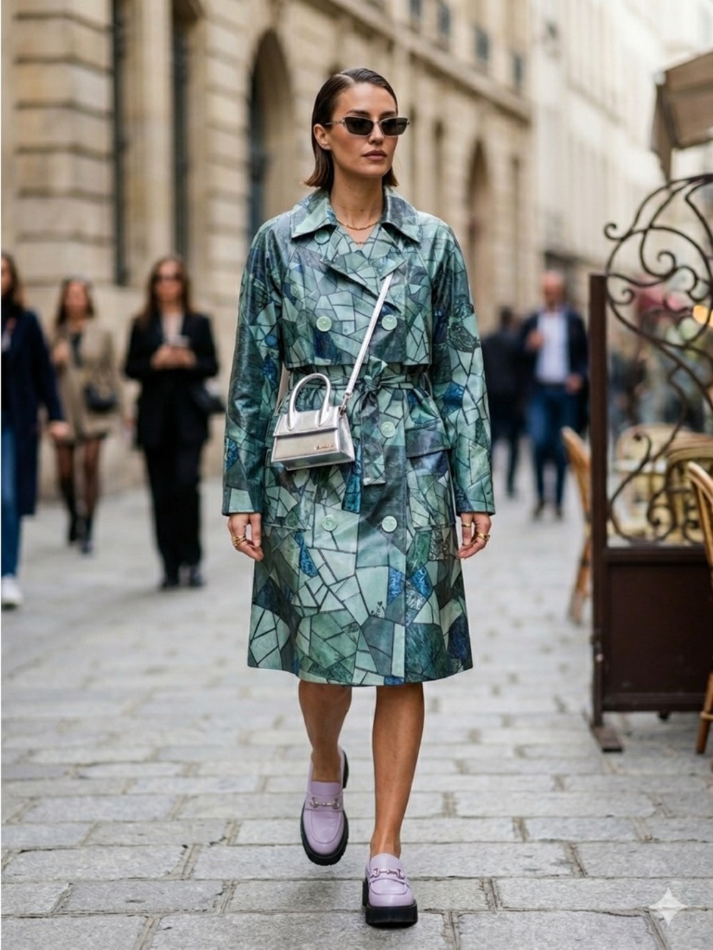 Calla Paris Blue / Green Mosaic Print Waxed Cotton Trench Coat - US 4 (FR 36)
